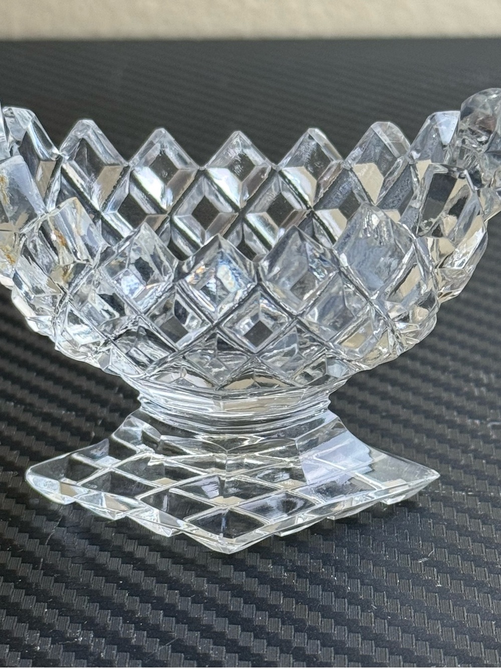 Vintage Cut Glass Crystal Pedestal Bowl Candy Dish Diamond Pattern Footed
